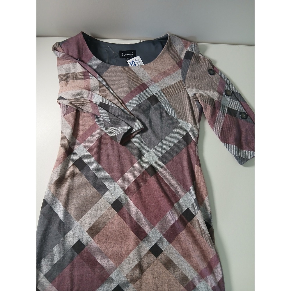 Connected Apparel Women Plaid Sheath Dress Burgundy Grey 3/4 Sleeve Size 10